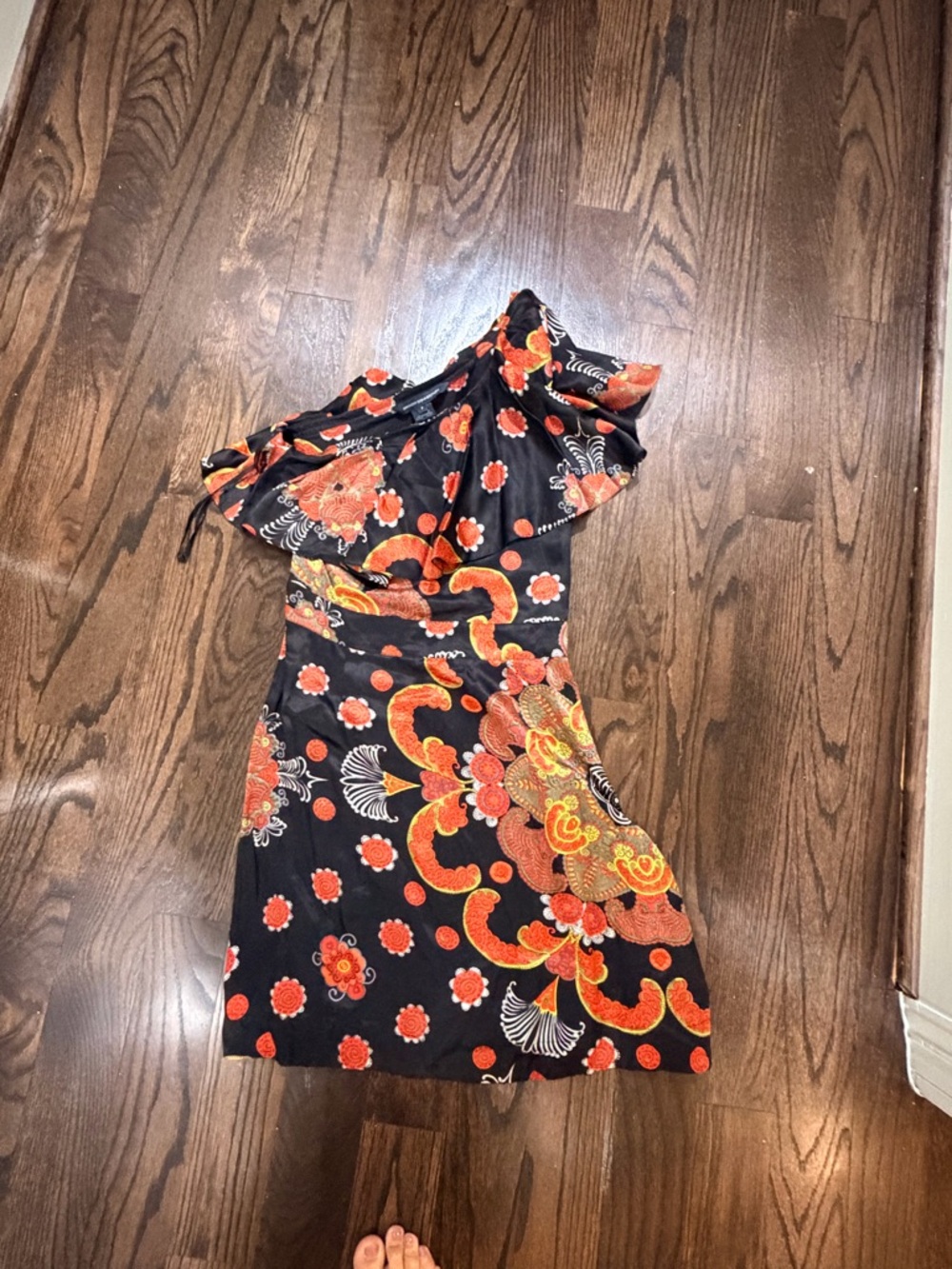 French Connection Black One-Shoulder Dress with Orange Floral Print